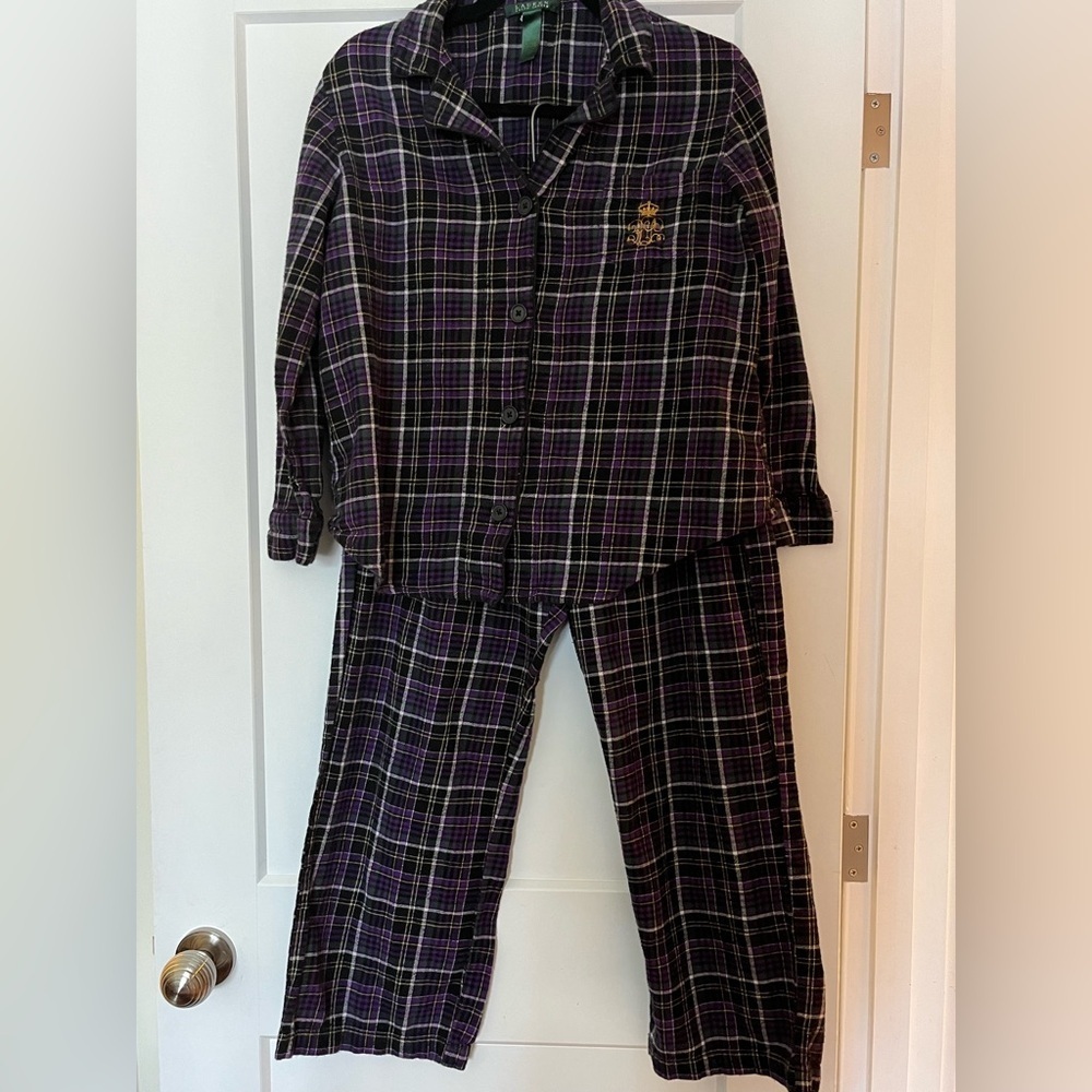Vintage ๐ฏ Cotton Flannel Plaid Lauren Ralph Lauren Pyjamas Purple Green Black L